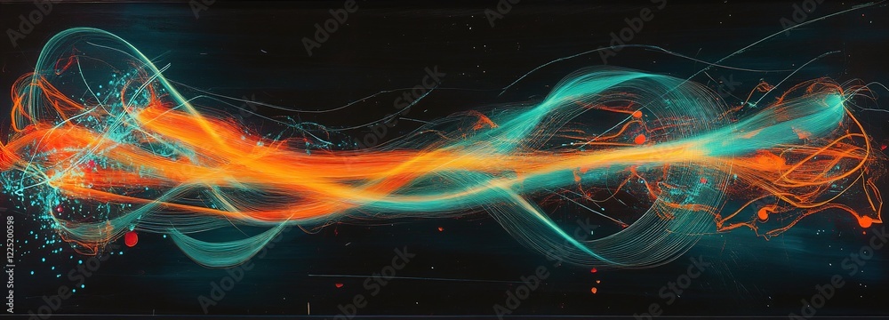 Fototapeta premium Abstract light trails in vibrant hues of blue, orange, and teal, creating a mesmerizing sense of movement and energy across a dark background