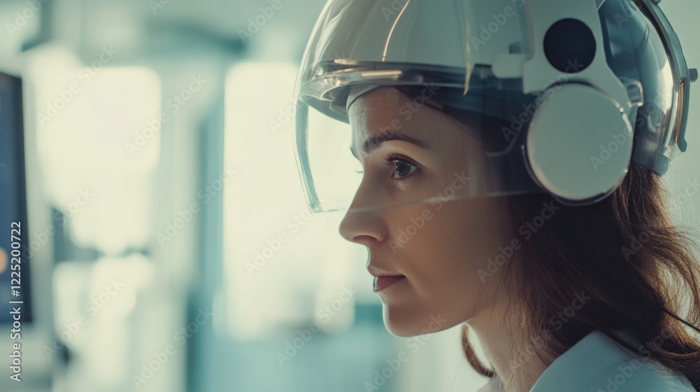 Medical imaging specialist in advanced helmet analyzing X-ray results in a modern healthcare environment for accurate diagnosis and treatment. Medical imaging specialist in advanced helmet analyzing X-ray results in a modern healthcare environment for accurate diagnosis and treatment.