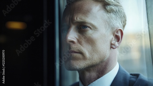 Thoughtful businessman gazing introspectively through office window reflecting on future opportunities and challenges photo