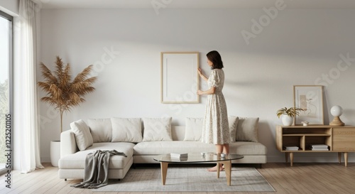 Woman Hanging Blank Picture Frame on White Wall in Minimalist Living Room