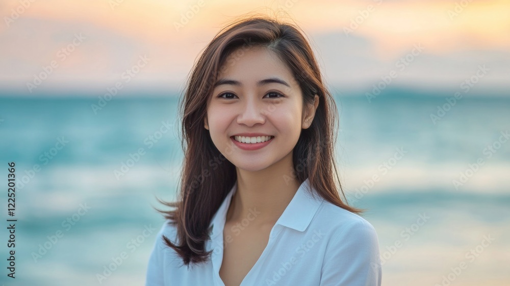 Young Asian woman smiling at the beach during vacation with ocean in the background, embodying relaxation and leisure. Young Asian woman smiling at the beach during vacation with ocean in the background, embodying relaxation and leisure.