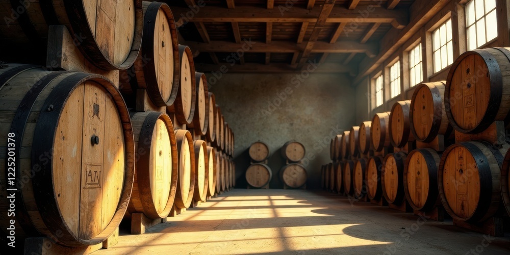 Sunlight streams through warehouse windows illuminating rows of aged wooden barrels in a rustic cellar Sunlight streams through warehouse windows illuminating rows of aged wooden barrels in a rustic cellar