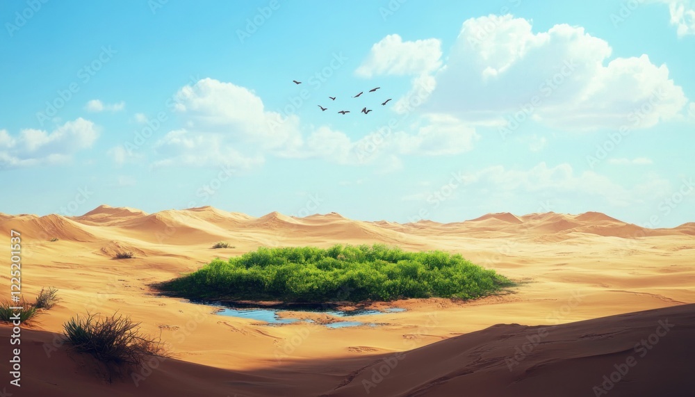 A desert landscape with sand dunes and an oasis of green vegetation and water A desert landscape with sand dunes and an oasis of green vegetation and water