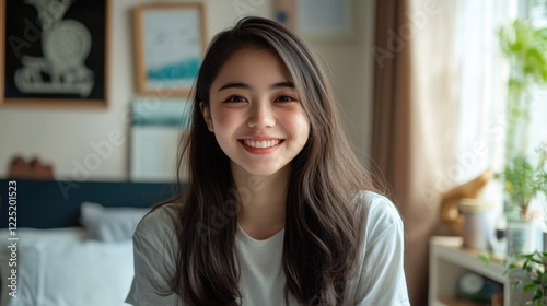 Young Asian woman smiling contently in cozy bedroom setting with light streaming in showcasing a relaxed and cheerful atmosphere