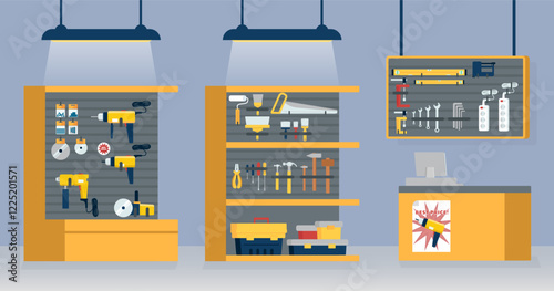 Hardware shop design interior, tools store showcase with modern professional instrument display