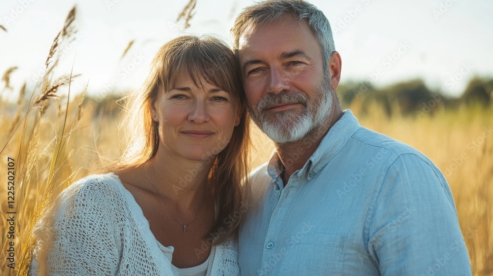 Fototapeta premium Portrait of middle-aged couple enjoying summer in a golden field with warm sunlight highlighting their joyful expressions.