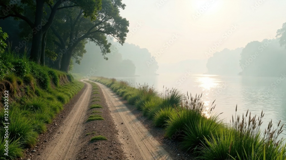 Fototapeta premium Serene morning mist shrouds a tranquil waterway, a gentle dirt path winding alongside lush vegetation, bathed in the soft glow of sunrise.