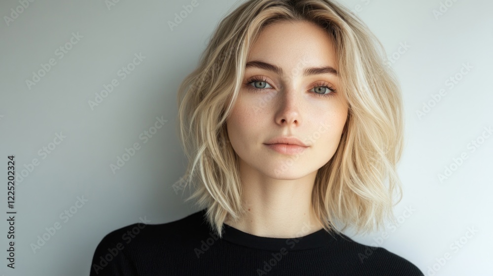 Fototapeta premium Portrait of a serene blonde woman with natural makeup highlighting beauty and haircare concepts against a clean white background