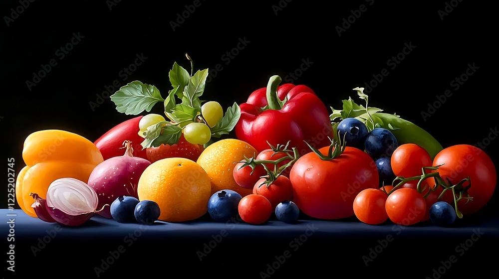 Vibrant Still Life of Colorful Fresh Vegetables and Fruits Vibrant Still Life of Colorful Fresh Vegetables and Fruits