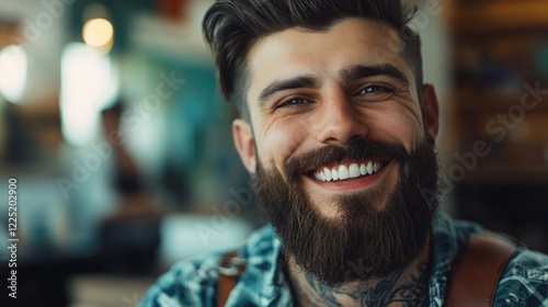 Hipster man with a full beard and mustache smiles brightly in a barber shop setting showcasing vintage charm and modern style. photo