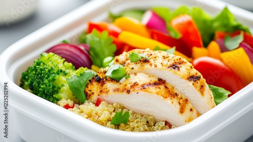 Healthy meal prep bowl featuring grilled chicken, quinoa, and fresh vegetables in a bright kitchen setting photo