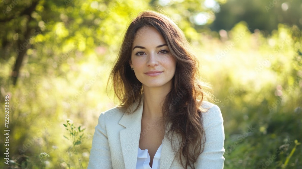 Casual business woman posing gracefully in a natural outdoor setting with soft sunlight and lush greenery in the background. Casual business woman posing gracefully in a natural outdoor setting with soft sunlight and lush greenery in the background.