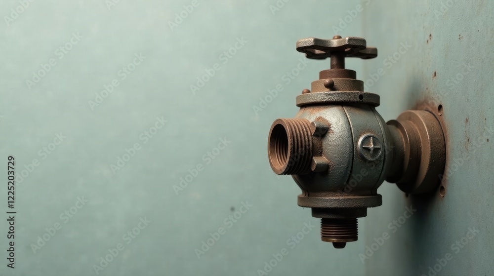 Fototapeta premium Rustic Metal Valve on Weathered Wall Industrial Design Element for Vintage Decor