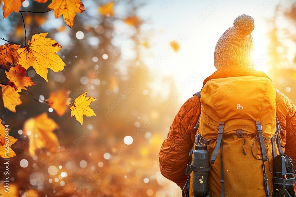 A hiker standing at the edge of a forest, looking forward into a sunlit path with a determined and hopeful expression A hiker standing at the edge of a forest, looking forward into a sunlit path with a determined and hopeful expression