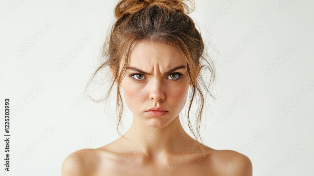 Naklejka premium Serious shirtless woman with an intense expression against a white background looking directly at the camera with neutral emotions