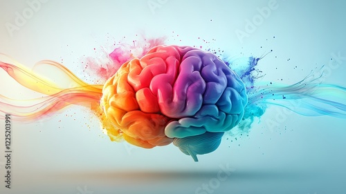 Colorful artistic representation of a human brain with dynamic flowing colors and splashes symbolizing creativity and intelligence