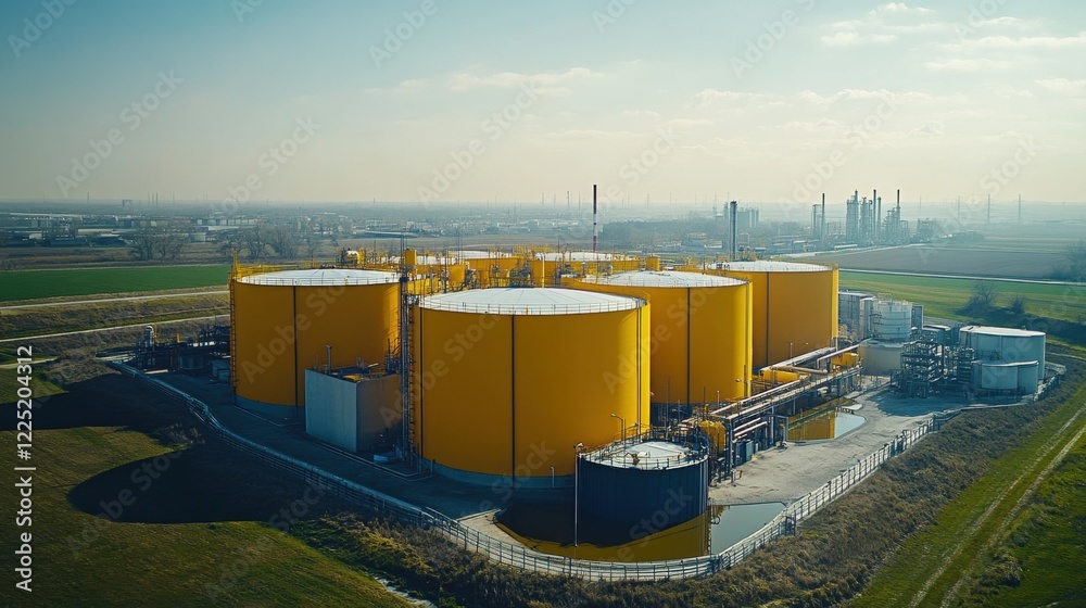 Aerial View of Yellow Storage Tanks at Industrial Site with Landscape Aerial View of Yellow Storage Tanks at Industrial Site with Landscape