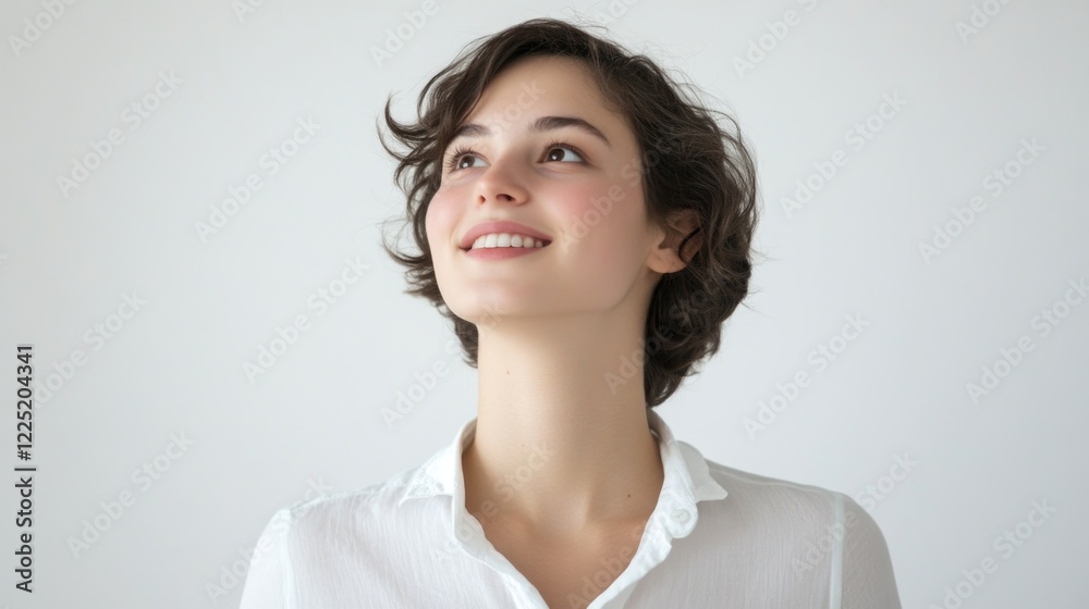 Smiling young woman in white shirt gazing upwards against a clean white background conveying hope and contemplation. Smiling young woman in white shirt gazing upwards against a clean white background conveying hope and contemplation.