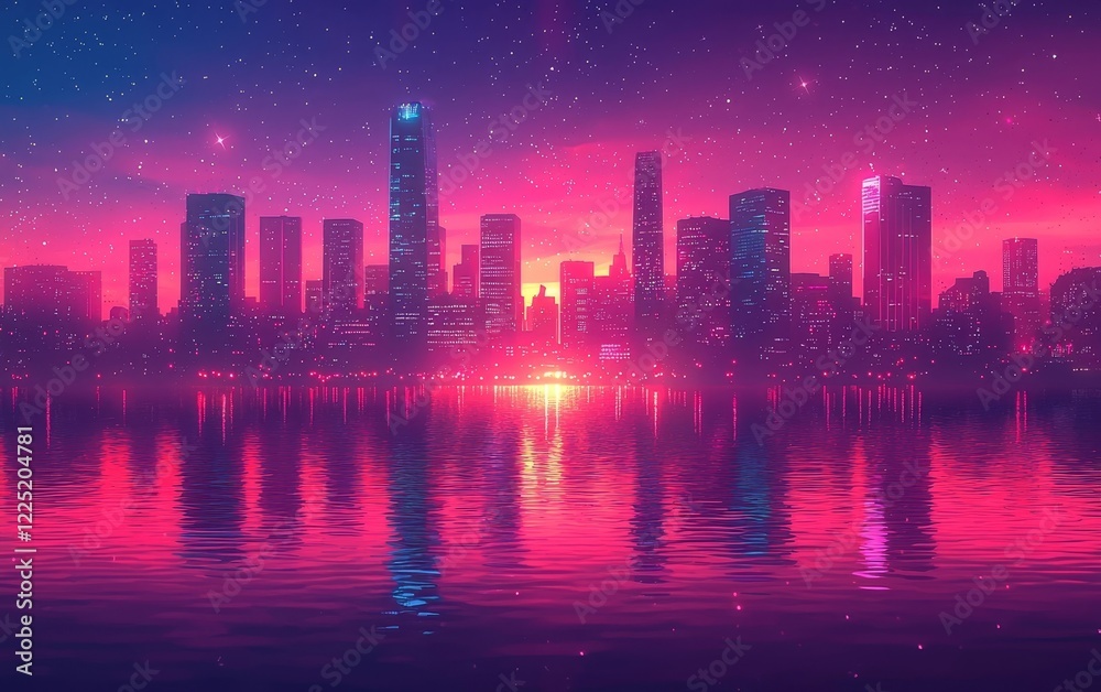 Obraz premium Glowing Neon Skyline Reflection in Dreamy Night Cityscape