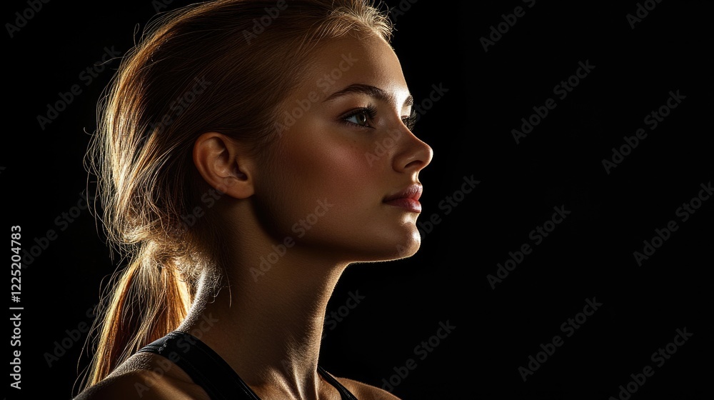 Fototapeta premium Fitness woman profile portrait with elegant lighting against a dark background showcasing strength and beauty in health and wellness concept.