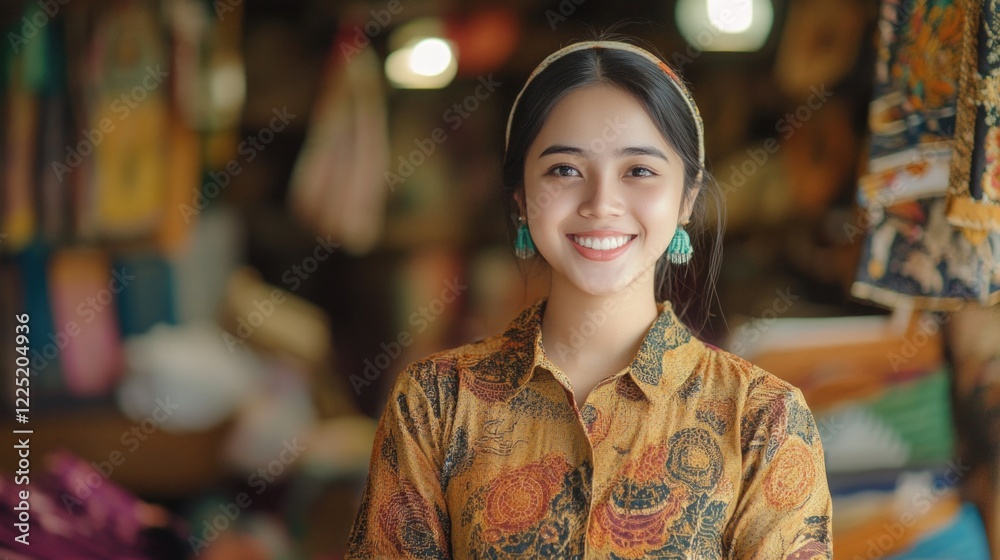 Portrait of young customer service representative wearing traditional Indonesian batik in a vibrant store setting smiling with confidence. Portrait of young customer service representative wearing traditional Indonesian batik in a vibrant store setting smiling with confidence.