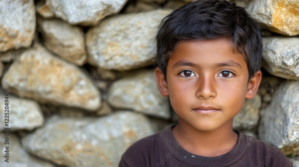 Portrait of Young Boy Against Natural Stone Wall Displaying Innocence and Curiosity in Captivating Soft Lighting Portrait of Young Boy Against Natural Stone Wall Displaying Innocence and Curiosity in Captivating Soft Lighting