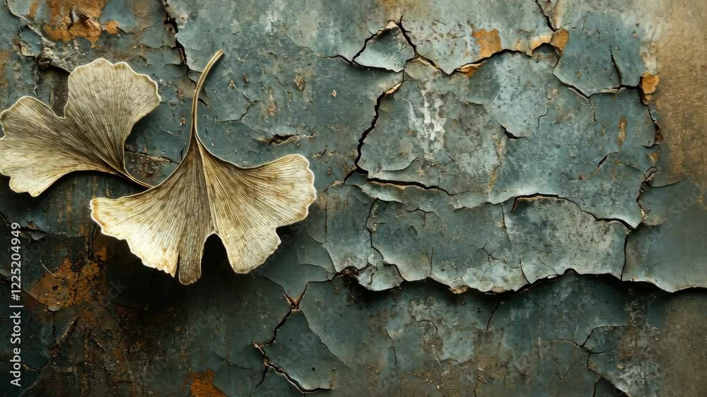 Dried ginkgo leaves on a weathered blue-gray cracked surface in natural light Dried ginkgo leaves on a weathered blue-gray cracked surface in natural light