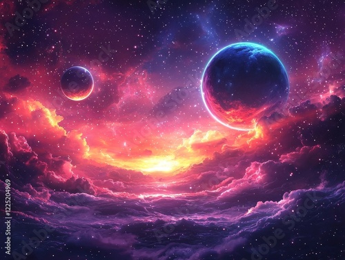 Mesmerizing Neon Galaxy with Glowing Planets and Radiant Cosmic Swirls