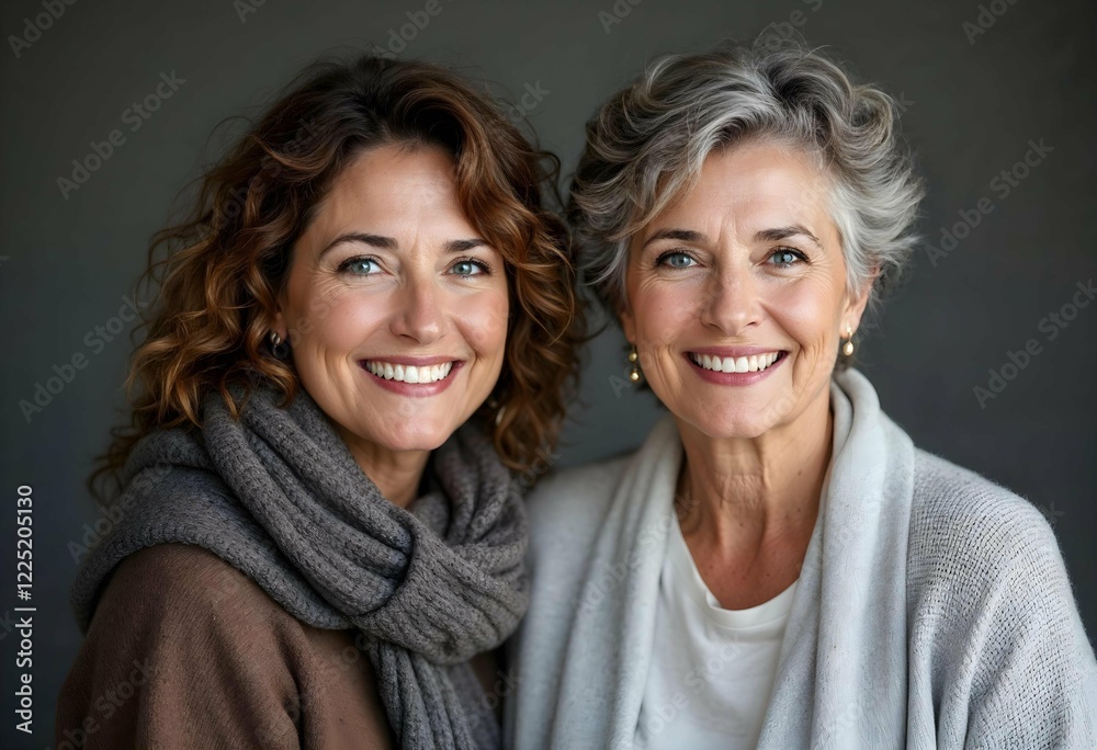 Portrait of two mature caucasian females smiling in cozy attire against dark background