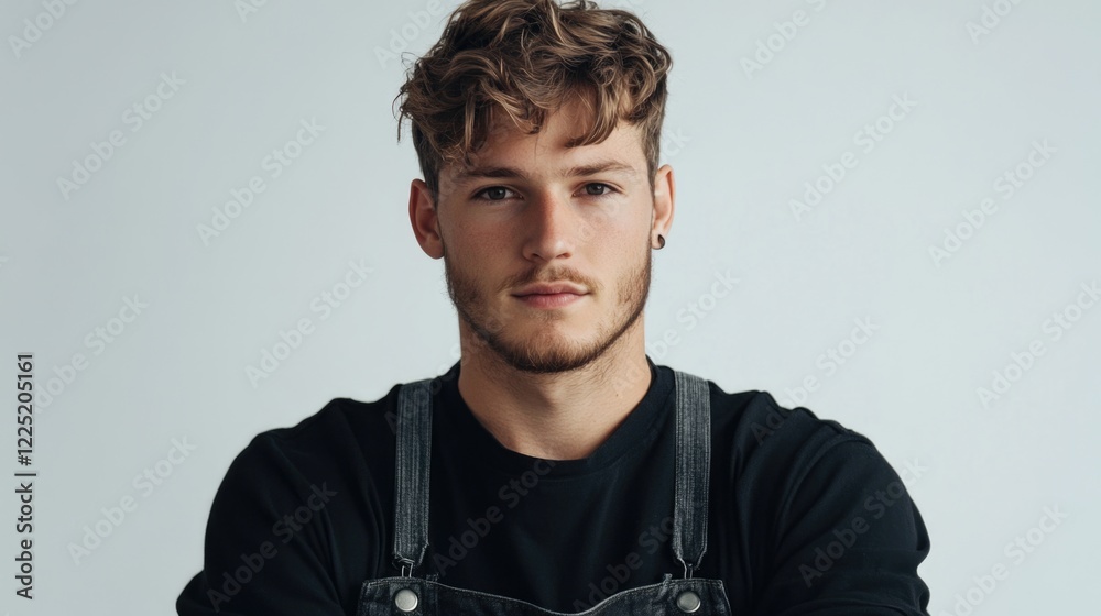 Fototapeta premium Young foreman portrait with modern hairstyle and overalls showcasing confidence and professionalism against a minimalistic background.