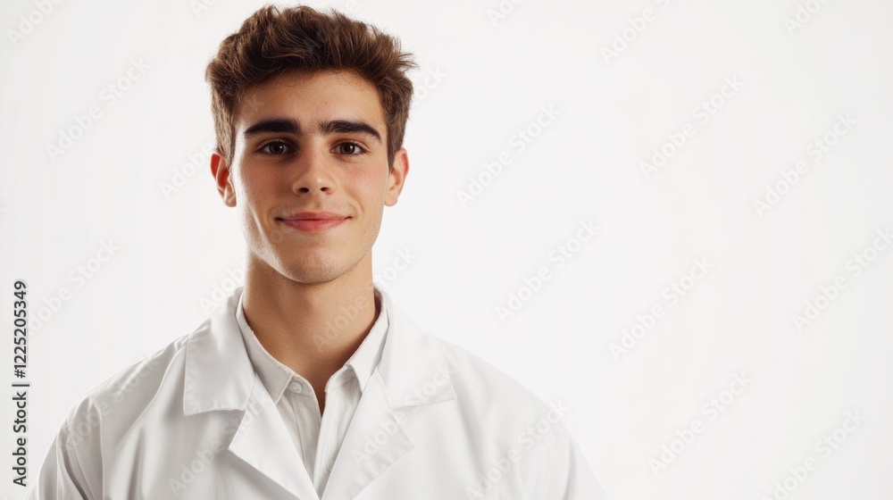 Young male dentist in white coat smiling on a plain background promoting professional dental services and patient care. Young male dentist in white coat smiling on a plain background promoting professional dental services and patient care.