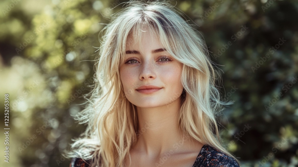 Young blonde woman with a radiant smile poses outdoors in a summer setting, showcasing natural beauty and fashion elegance in soft lighting.