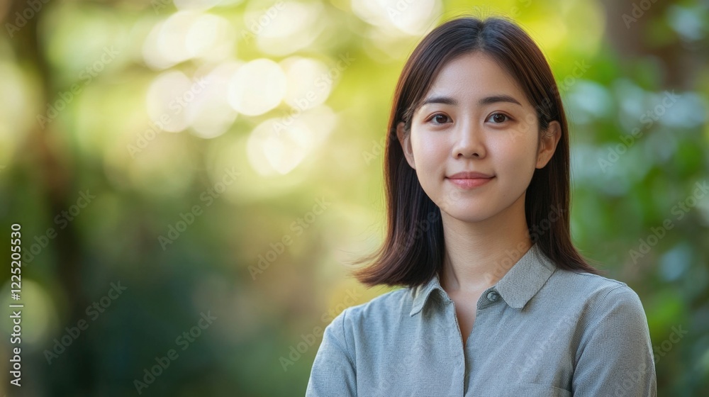 Portrait of a confident young Asian woman in a green outdoor setting showcasing natural beauty and professionalism. Portrait of a confident young Asian woman in a green outdoor setting showcasing natural beauty and professionalism.