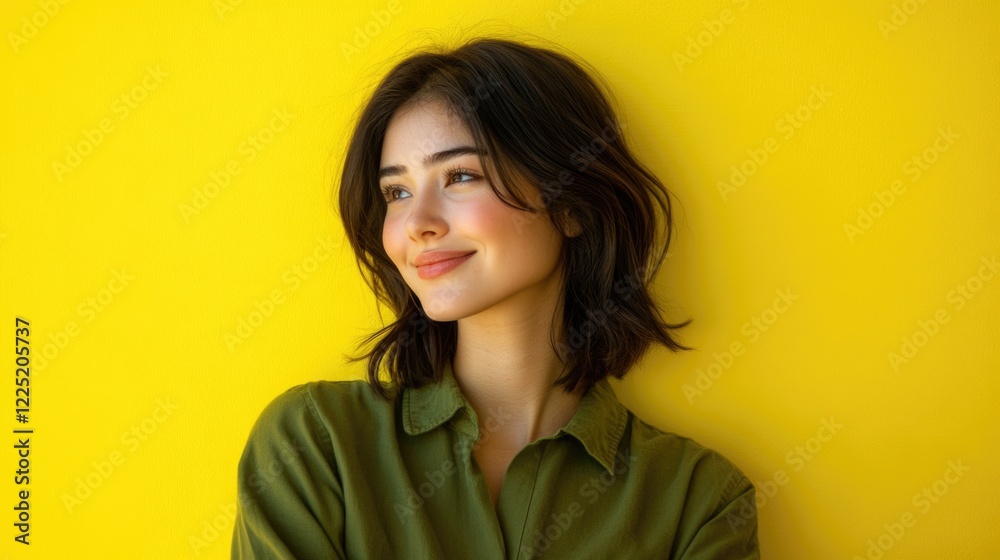 Fototapeta premium Smiling young brunette Asian woman in green shirt against bright yellow background showcasing joy and charm in a vibrant studio portrait.