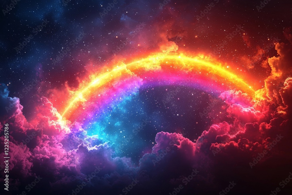 Fototapeta premium Breathtaking Neon Rainbow Arching Across a Cosmic Starry Sky with Glowing Clouds