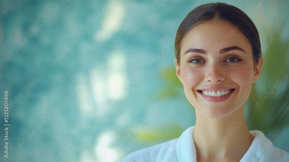 Smiling woman in spa robe showcasing relaxation and wellness in a tranquil environment emphasizing skin care and luxury treatments Smiling woman in spa robe showcasing relaxation and wellness in a tranquil environment emphasizing skin care and luxury treatments