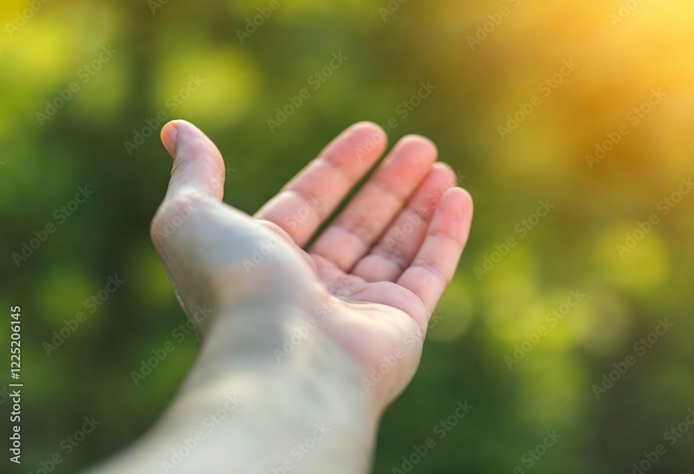 Open hand reaching towards sunlight in natural greenery background Open hand reaching towards sunlight in natural greenery background