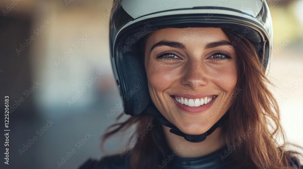 Happy woman wearing a crash helmet smiling confidently at the camera in a motorcycle setting Happy woman wearing a crash helmet smiling confidently at the camera in a motorcycle setting