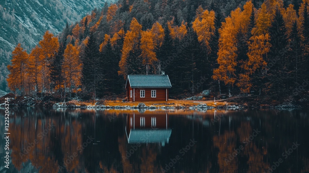 Red cabin reflected in calm lake, autumn forest. Red cabin reflected in calm lake, autumn forest.