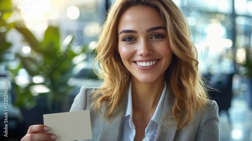 Smiling businesswoman holding a blank calling card in a modern office setting representing networking and professional exchanges at a conference. photo