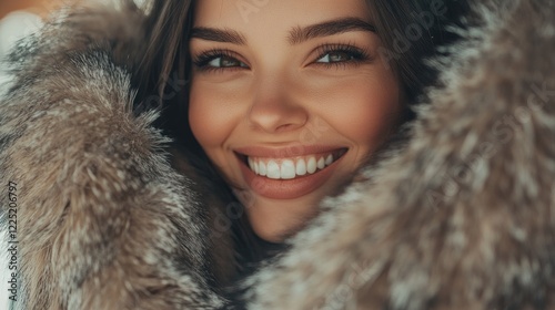 Smiling woman with radiant skin wearing a luxurious fur coat featuring broadtail karakul and astrakhan lambskin in a cozy setting photo