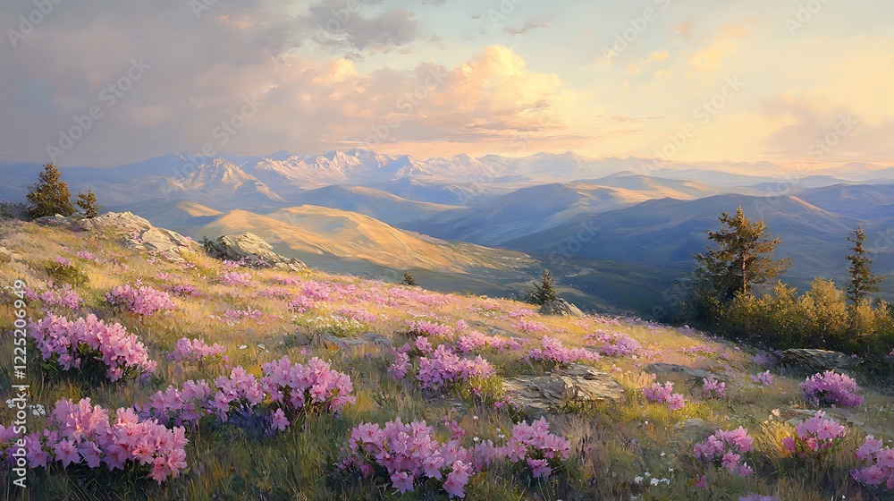 Sunrise Over Mountain Range with Pink Flowers Sunrise Over Mountain Range with Pink Flowers
