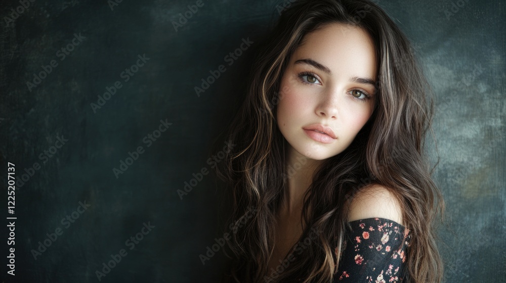 Studio portrait of a young woman with long brunette hair and natural makeup against a dark textured background Studio portrait of a young woman with long brunette hair and natural makeup against a dark textured background