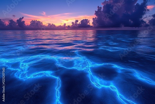 Bio luminescent ocean waves glowing under a vibrant sunset sky A magical scene of nature's light show photo