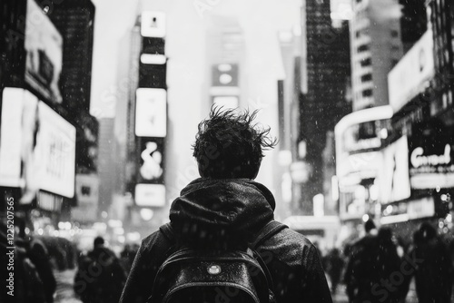 A man walking aimlessly through a crowded city street, his shoulders hunched and his face showing sadness amidst the bustling crowd