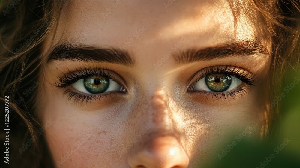 Captivating close-up of a woman's face highlighting striking green eyes and natural beauty in soft natural light. Captivating close-up of a woman's face highlighting striking green eyes and natural beauty in soft natural light.