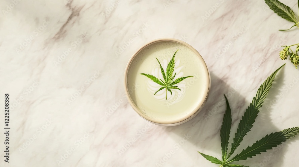 A single cannabis latte styled with latte art and a hemp leaf on the side. digital A single cannabis latte styled with latte art and a hemp leaf on the side. digital