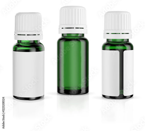 A 10 ml bottle of dark green UV glass for essential oils isolated on transparent background with soft transparent shadows. 3D render for branding and mock up