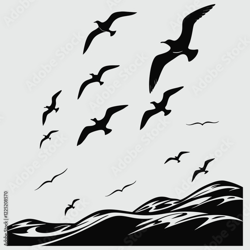 a flock of seagulls above the ocean silhouette vector design art and illustration