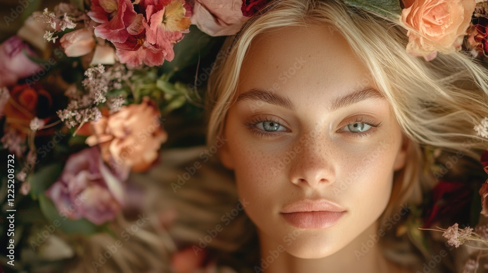 Naklejka premium Beauty portrait of young woman with blonde hair adorned with floral wreath surrounded by colorful flowers in a studio setting.